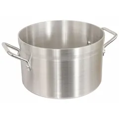Aluminum sauce pot with straight body and riveted aluminum handles. 42 qt capacity. NSF certified for commercial foodservice sanitation standards. Suitable for preparing large batches of soups, sauces, and stocks in professional kitchens.