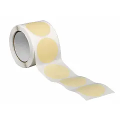 3M 2380 masking tape discs are pre-cut 3-inch diameter discs with a 7.5 mil thickness. They feature a tan crepe paper backing with a rubber adhesive, designed for indoor use on metal surfaces. Suitable for applications requiring heat resistance, such as powder coating and oven-baking processes.