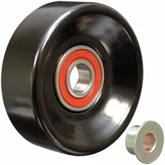 Steel flat flangeless idler pulley for light-duty serpentine belt systems. Guides belt path and maintains tension for engine accessories such as alternator and water pump. Suitable for vehicles requiring a smooth, non-flanged pulley.