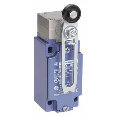 Rotary-motion limit switch from the XCKJ series with Body Style X. Features screw clamp terminals, SPDT contact configuration, and 90° total travel. No actuator included. Used in industrial automation to detect position or limit motion of rotating parts in machinery such as conveyors and packaging equipment.