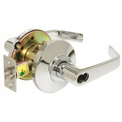 This BEST storeroom lever lockset features a 7KC Contour Angle Return Lever in a Bright Chromium-Plated Zinc finish. It is ANSI F86 function, ADA compliant, and includes an interchangeable core. Suitable for interior doors requiring key-locked access from both sides, such as storage rooms and utility closets.