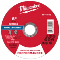 This MILWAUKEE cut-off wheel is a Type 1 general purpose wheel for cutting carbon and stainless steel. It measures 5 inches in diameter with a 0.045-inch thickness and a 7/8-inch arbor hole, made of aluminum oxide abrasive with 46 grit. Suitable for metal fabrication, construction, and maintenance tasks requiring clean cuts on ferrous materials