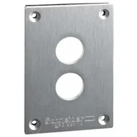 This drilled front plate is a replacement cover for XAP series control stations. It provides two 22mm openings for mounting push buttons, selector switches, or pilot lights in industrial control panels