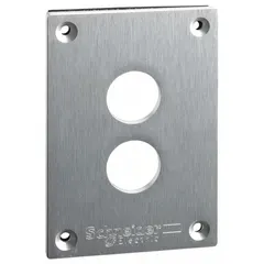 This drilled front plate is a replacement cover for XAP series control stations. It provides two 22mm openings for mounting push buttons, selector switches, or pilot lights in industrial control panels.
