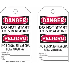 White cable-tie-attached tags with bilingual danger warning in black, red, and white. Each tag includes fields for signature and date. Supplied in a 10-pack for cleaning and maintenance lockout/tagout procedures.