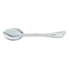 This 21-inch serving spoon is constructed from stainless steel with a silver finish. NSF Certified for sanitation compliance, it is suitable for basting, serving, and portioning in commercial foodservice environments. The long handle keeps hands away from hot contents.