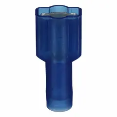 Blue nylon fully insulated female quick disconnect socket for 16 AWG to 14 AWG wire sizes. Full coverage insulation protects against short circuits and accidental contact. Used for making quick, reliable electrical connections in control panels, automotive wiring, and appliance assemblies.