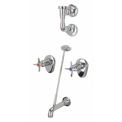 Wall-mounted widespread utility faucet with chrome-finished brass body and straight spout. Includes metal handles. Flow rate 2.2 gpm. Suitable for commercial service sinks in janitorial closets, maintenance areas, and light industrial settings for handwashing and equipment rinsing.