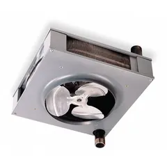 This suspended vertical hydronic unit heater delivers 519,400 BtuH output at 200°F water with 11,000 cfm airflow. It uses water heating and features a 2-1/2 in threaded male NPT connection. The unit measures 24-1/4 in x 42 in x 42 in and has no fan guard. Suitable for heating large commercial or industrial spaces with high ceilings.
