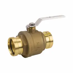 This 4-inch brass ball valve features a full port design for minimal pressure drop and a straight body configuration. It uses Press x Press connections and includes a locking lever handle for secure on/off flow control in plumbing systems.