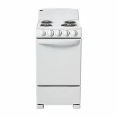 The DANBY DER202W is an electric oven range with four burners, designed for residential kitchens. It is ADA compliant, making it accessible for users with mobility needs. The white finish provides a clean look. This model does not include a self-cleaning feature.