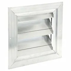 This wall-mount backdraft damper is designed for vertical mounting and vertical airflow, with a single panel flat blade construction. It allows air to flow in one direction and closes automatically when the fan stops, preventing reverse airflow. Maximum air velocity is 2250 fpm.