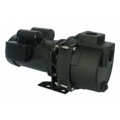 Self-priming sprinkler pump with 1 hp motor, 115/230V AC dual voltage, and 44 psi shut-off pressure. TEFC enclosure protects against dust and moisture for outdoor installation. Suitable for residential and light commercial irrigation systems drawing water from wells or tanks.