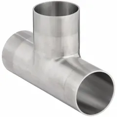 This 316L stainless steel sanitary tee fitting has a 3/4 in OD x 3/4 in OD x 3/4 in OD size and weld connections. It is designed for use in hygienic piping systems to split or combine flow. The fitting meets ASME BPE standards for cleanability and corrosion resistance.