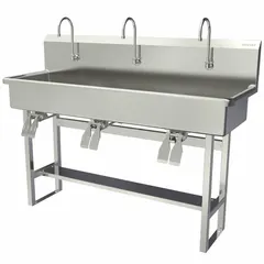 This three-station freestanding wash station is constructed from 16-gauge material with a 57-inch bowl length and 8-inch bowl depth. It features a 0.5 gpm flow rate and is designed for high-traffic commercial and industrial facilities requiring multiple handwashing stations. Side splash is not included.