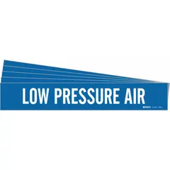 Blue adhesive pipe marker with white legend text reading 'Low Pressure Air'. Fits pipe outer diameters from 2-1/2 to 7-7/8 inches. Pack of 5 markers without directional arrows. Used for identifying low-pressure air piping systems in industrial and commercial facilities.