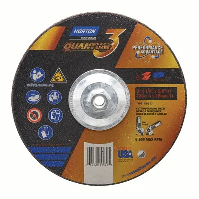 NORTON Depressed Center Wheel: Type 27, 9" x 1/8" x 5/8"-11, Ceramic, 24 Grit - Cool-Cutting Combination Wheels for Carbon & Stainless Steel