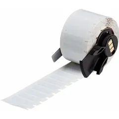 Polyimide white matte precut label roll, 29/32 in x 1/4 in, for use with BMP61 printer series. Suitable for industrial labeling applications requiring heat-resistant identification, such as electrical panel labeling and wire marking.
