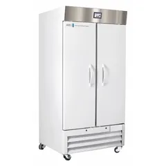 Upright lab refrigerator with 36 cu ft capacity, white swing solid door opening right. Maintains 1°C to 10°C range, uses R-290 refrigerant, and includes a temperature alarm. Overall depth 34 3/4 in. Suitable for storage of reagents, media, and biological samples in laboratory environments.