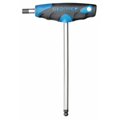 This T-shaped dual-tip hex key is designed for tightening or loosening hex socket fasteners. The ball-end tips allow angled access in confined spaces. Made from alloy steel with a chrome finish, it features a 10 mm metric tip size and a long arm length of 9 3/8 inches.