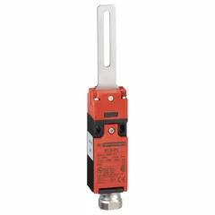 Lever- and roller-actuated safety-interlock switch with flat actuating key. Features 1NC/1NC contact configuration and straight hinge design. Terminates via 1/2 in NPT conduit. Used to monitor movable guards on industrial machinery.
