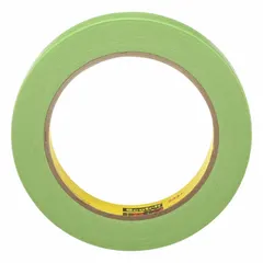 Green crepe paper masking tape for indoor/outdoor use on rubber surfaces. Provides clean paint lines and surface protection in industrial applications such as automotive refinishing and rubber part manufacturing. 6.7 mil thickness, 11/16 in width, 60 yd length.