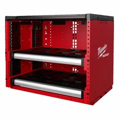 Steel workshop racking system with a black finish, featuring two shelves. Dimensions: 27 5/16 inches wide by 21 inches deep by 22 inches high. Used for organizing tools and equipment in workshops, garages, and job sites.