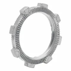 Zinc locknut for securing threaded rigid conduit (RMC/IMC) connections. Non-insulated design provides mechanical locking to prevent loosening from vibration. Used in electrical conduit systems for grounding and mechanical continuity.