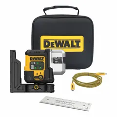 This plane laser level projects three green beams with pendulum self-leveling and an accuracy of ±1/8 in @ 33 ft. It has a range of 100 to 200 ft without a detector and includes a mounting plate. Suitable for alignment, leveling, and layout tasks in construction and interior finishing.