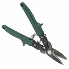 Right-cutting aviation snip with steel blades, plastic handle, and steel body. Overall length 10 in, cutting length 1 1/2 in. Used for cutting copper up to 0.054 in thickness in HVAC, sheet metal, and metalworking applications.