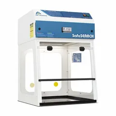 Light duty ductless fume hood for containment of low-toxicity fumes, vapors, and particulates in laboratory and industrial settings. White finish, 24-inch width, 35-inch height. Partially assembled, includes blower and work surface; base or stand required separately.