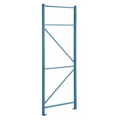 Steel upright frame for teardrop pallet rack systems, 20 ft overall height, 42 in x 3 in face, 16 ga steel, blue finish. Used to construct heavy-duty pallet racking for high-density storage of palletized goods.