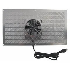 Single-fan crawlspace supply fan designed to bring fresh outdoor air into enclosed crawl spaces. Operates at 115V AC with 110 cfm maximum airflow and 20 W power consumption. Fits an 8 in x 16 in cutout and includes a thermostat and 6 ft cord. Does not include a dehumidistat.