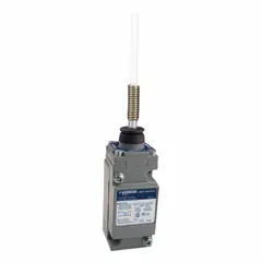 Plug-in limit switch with wobble-stick actuator and metallic body. Features screw clamp terminals for electrical connection. Used in industrial automation for position detection of moving parts in conveyors, packaging machinery, and material handling equipment.