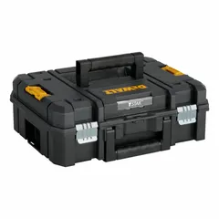 Plastic tool box in black, with a maximum load capacity of 66 lb. Features a latch and padlock compatibility for secure storage. Designed for organizing and transporting tools on job sites, integrating with the TSTAK modular system.