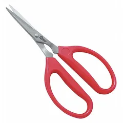 Straight stainless steel scissors with pointed tips and red plastic handles. Overall length 6 inches. Suitable for cutting fabrics, leather, and synthetic materials in upholstery and textile work.