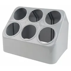 Plastic cutlery holder with six compartments for organizing utensils in commercial kitchens, cafeterias, and hospitality settings. Gray finish. Overall height 11 inches, width 15 3/8 inches.