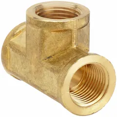 Threaded high-pressure pipe tee made from CA2745 brass. Features a 1/4 in x 1/4 in x 1/4 in configuration with a maximum operating pressure of 1,000 psi and overall length of 1-1/2 in. Used to connect three pipes in a T-junction for potable water distribution in plumbing, HVAC, and process lines.