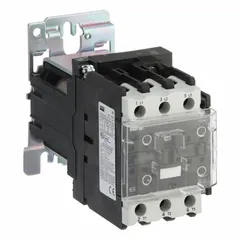 Three-pole non-reversing IEC contactor with three normally open (NO) contacts, rated for 65 A and a 24V DC coil. No integrated surge suppression. Suitable for switching motors and other loads in industrial control panels, conveyors, pumps, and compressors.