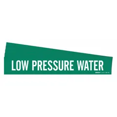 Green adhesive pipe marker with white legend reading 'Low Pressure Water'. Designed for pipe outer diameters of 8 inches and larger. Pack of 5 markers without arrows. Used to identify low-pressure water piping systems in industrial facilities.