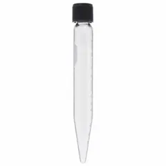 Colorless glass centrifuge tube with a conical bottom for efficient pellet collection. Graduated for volume measurement, includes a closure to prevent spillage during centrifugation. Body diameter 17 mm, overall height 130 mm. Suitable for laboratory separation processes in clinical, research, and industrial settings.