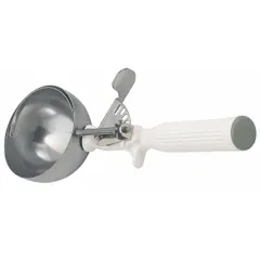 This #6 thumb disher from VOLLRATH is made of stainless steel and NSF certified for sanitary food handling. With a 5.3 oz capacity and 4 1/4 in handle, it is used for portioning foods such as dough, batter, or ice cream in commercial kitchens.