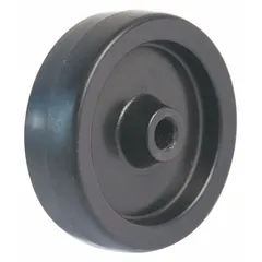 Polyolefin wheel with 4-inch diameter for use on lift tables and pallet positioners. Compatible with Drum Cradle. Provides smooth, quiet rolling and resists wear on hard floors in material handling applications.