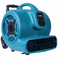 Portable centrifugal blower with 3/4 hp motor, 115V AC, three speeds, and polypropylene housing. Fixed-frame design in blue. Suitable for high-volume air movement in drying, ventilation, and exhaust applications.
