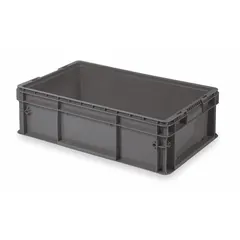 This solid straight-wall container from BUCKHORN is made of plastic and measures 24 in x 15 in x 7 1/2 in with an inside height of 6 7/8 in. It is stacking capable, allowing stable vertical storage. Typical applications include industrial storage, transport, and organization of parts or bulk materials in warehouses and manufacturing environments.