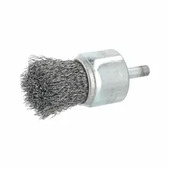 This light-cleaning brush is designed for carbon steel surfaces, featuring a crimped steel fill. It is used for removing rust, scale, and light burrs without damaging the base material. The brush has a 1 in diameter, 0.012 in fill diameter, and a 1/4 in shank. Suitable for maintenance and fabrication tasks.