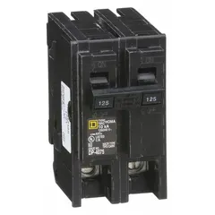 The SQUARE D HOM2125 is a 2-pole, 125 A miniature circuit breaker for single-phase 120/240V AC systems. It features a 10kA interrupting rating at 120/240V AC and is designed for plug-in installation in Homeline load centers. This breaker provides overcurrent protection for branch circuits in residential and light commercial electrical distribution.