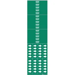 These adhesive pipe markers feature a green background with white 'Vent' legend and directional arrows. Each marker fits pipe outside diameters of 3/4 inch and smaller. Supplied in a pack of three, they are used to identify vent lines in piping systems for clear labeling and safety.