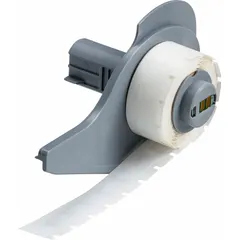 Precut label roll with 3/8 in x 3/8 in polyester labels in white gloss finish. Rated for temperatures from -94°F to 230°F. Compatible with M710 printer series. Used for industrial identification and tracking in environments such as manufacturing, warehousing, and electrical panel labeling.