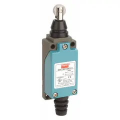 Top-mount limit switch with roller-plunger actuator and screw terminals for electrical connections. Used in industrial automation to detect position or presence of moving parts on conveyor systems, packaging equipment, and machine tools.